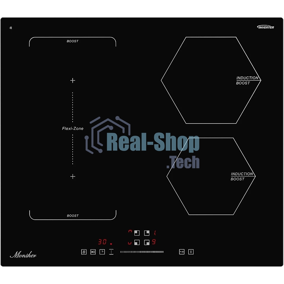 Индукционная варочная панель MONSHER MHI 6016, индукция, инвертер, 60 см, 9 уровней мощности, бустер, Stop and Go, автоматическое отключение, таймер, индикатор остаточного тепла, сенсорное/слайдерное управление, черный