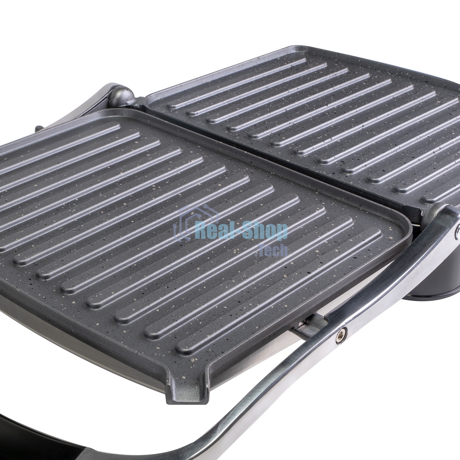 Гриль электрический Galaxy Line GL 2961, черный с серебристым, механическое управление, 2200 Вт, мраморное керамическое покрытие рабочей поверхности, корпус из нержавеющей стали, индикаторы сети и нагрева, регулятор температуры, лопатка и емкости для сбор