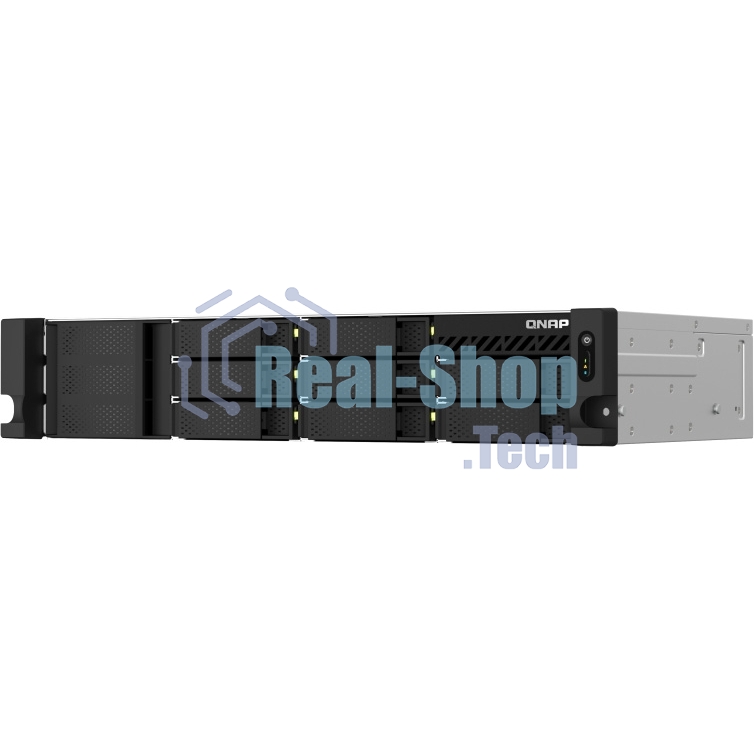 Сетевое хранилище SMB QNAP TS-873AeU-4G NAS 8x3.5/2.5 SATA/SSD trays, 2 x M2 PCIe, 2x 2.5 GbE, 2U rackmount, 1 PSU. AMD Ryzen V1500B 4-core/8-thread 2.2 GHz processor, 4 Gb DDR4 RAM (1*4 Gb) up to 64Gb (2*32 Gb). W/o rail kit RAIL-B02