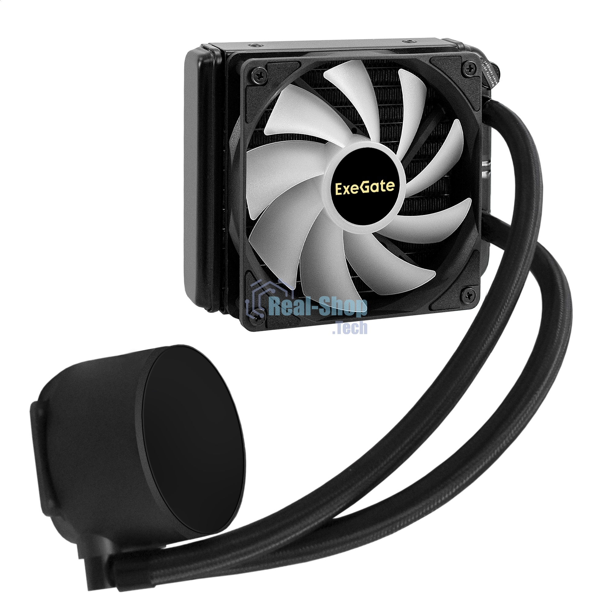 Комплект жидкостного охлаждения ExeGate BlackWater-120V3.PWM.ARGb (3 PIN 5V ADDRESSABLE RGb подсветка, LGA2066/2011/1366/1150/1151/1155/1156/1200/1700/1851/AM4/AM5/FM1/FM2/FM2+/AM2/AM2+/AM3/AM3+, TDP 150W, Fan 120мм 4pin PWM 600-1800RPM Hydro bearing, помпа 3pin 2700RPM, макс. шум 37db, с термопастой, на винтах, черный, Color Box)