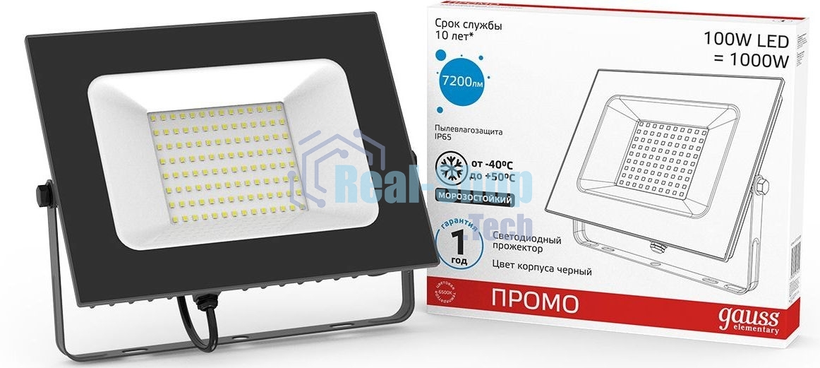 Прожектор светодиодный Gauss Elementary 100Вт 6600лм IP65 6500К черный ПРОМО