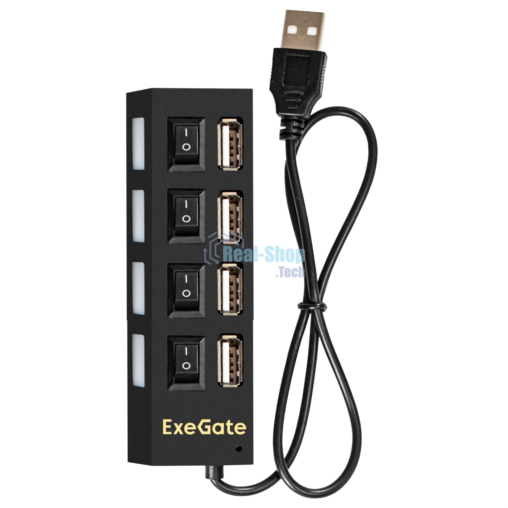 USB-концентратор ExeGate EX293977RUS DUB-42SW (кабель-адаптер USB2.0 --> 4xUSB2.0, кнопки включения/отключения для каждого порта, Plug&Play, черный)