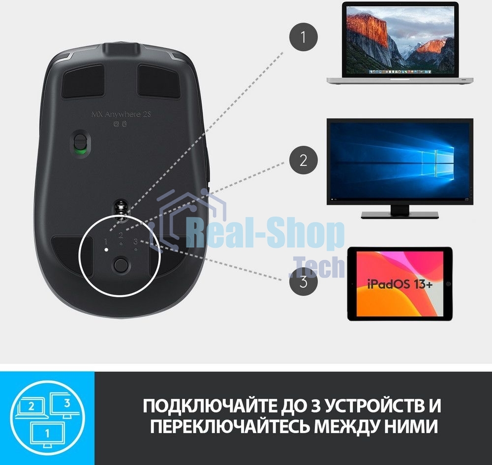 Мышь беспроводная Logitech MX Anywhere 2S графитовый, 4000 dpi, радиоканал, Bluetooth, USB, кнопки - 7