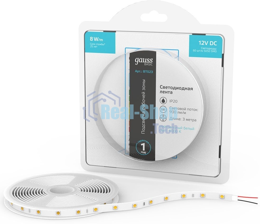 Лента светодиодная Basic Gauss 12V 8W/m 900lm/m 4000K IP20 LED 3m 1/100