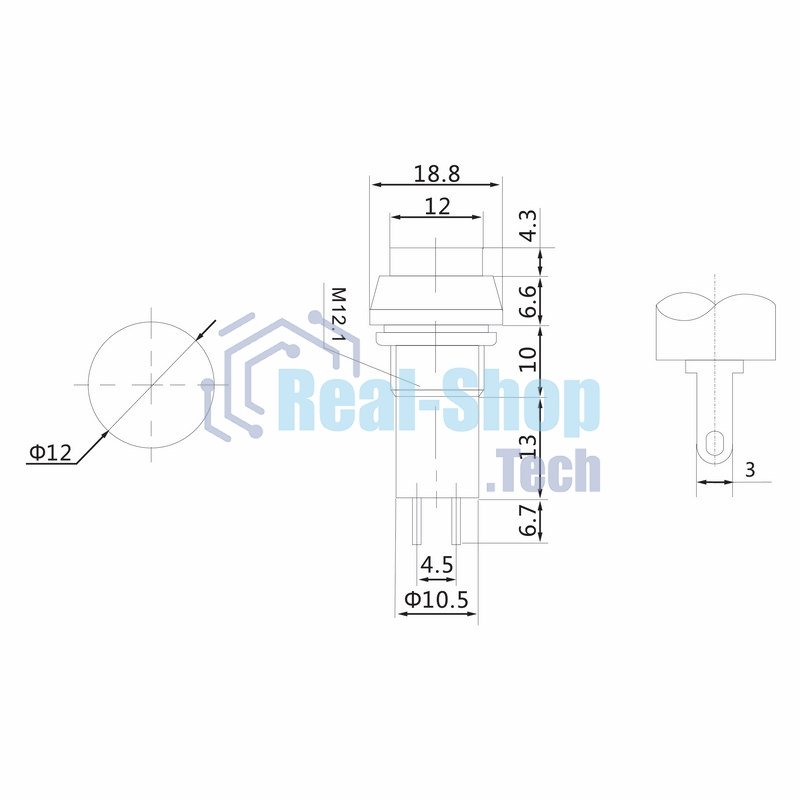 Выключатель-кнопка Rexant 250V 1А (2с) (ON)-OFF Б/Фикс зеленая