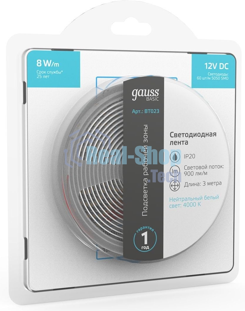 Лента светодиодная Basic Gauss 12V 8W/m 900lm/m 4000K IP20 LED 3m 1/100