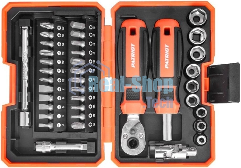 Набор инструментов Patriot SPS-38 трещотка с торцевыми головками, отвертка-битодержатель с битами, CR-V, двухкомпонентные рукоятки, 38 предметов