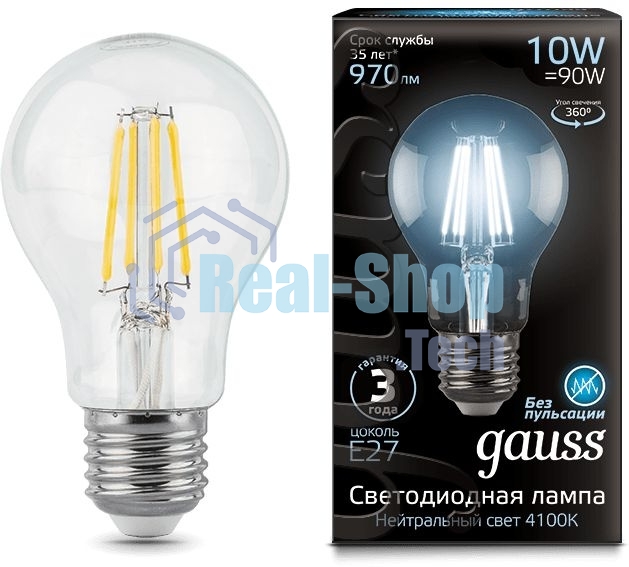 Лампа светодиодная Gauss Filament А60 E27 10Вт 4100К