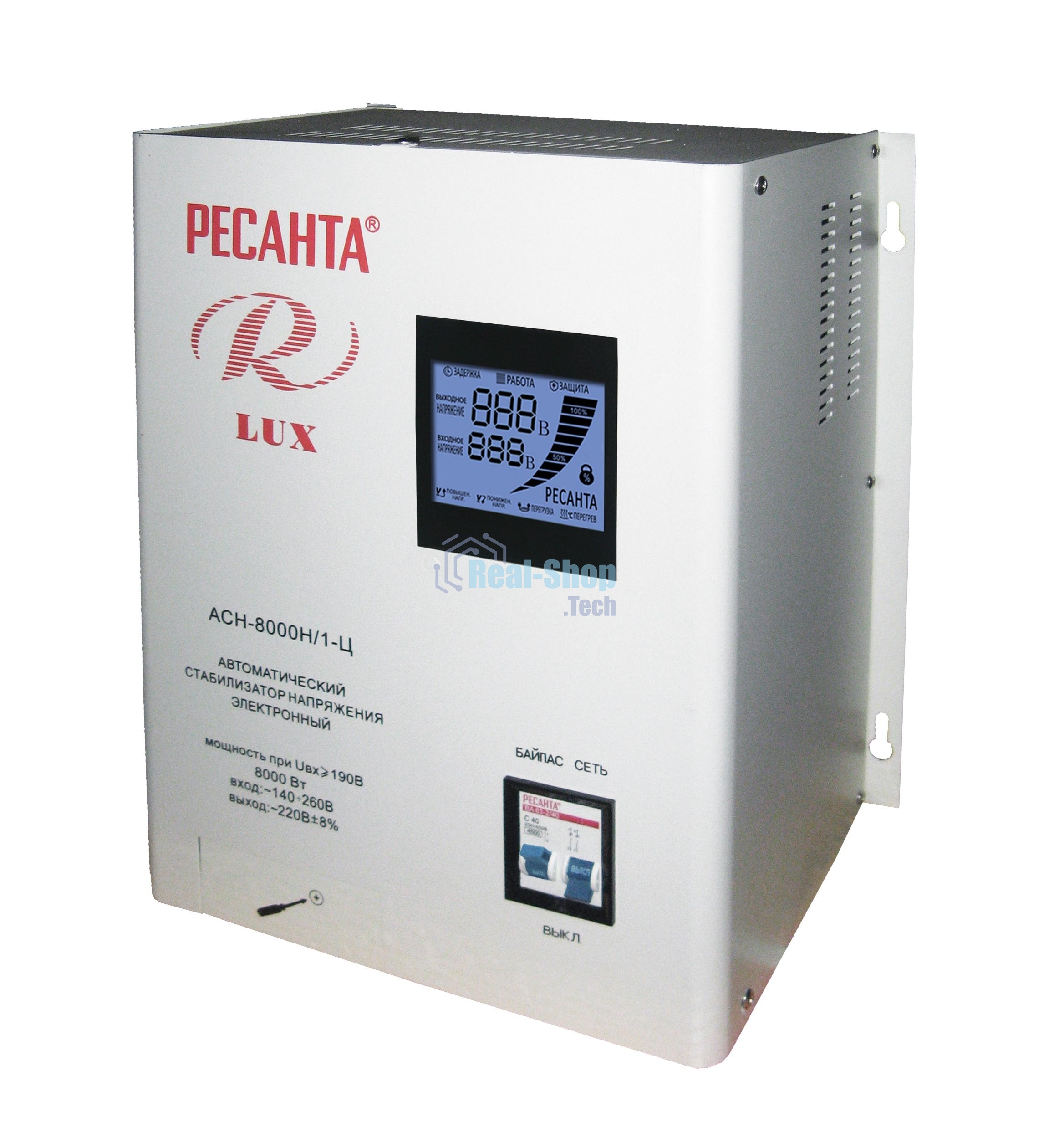 Стабилизатор напряжения Ресанта АСН-8 000 Н/1-Ц 63/6/17 Стабилизатор Lux 220В±8%, Габ. 305х190х360, Вес 15кг