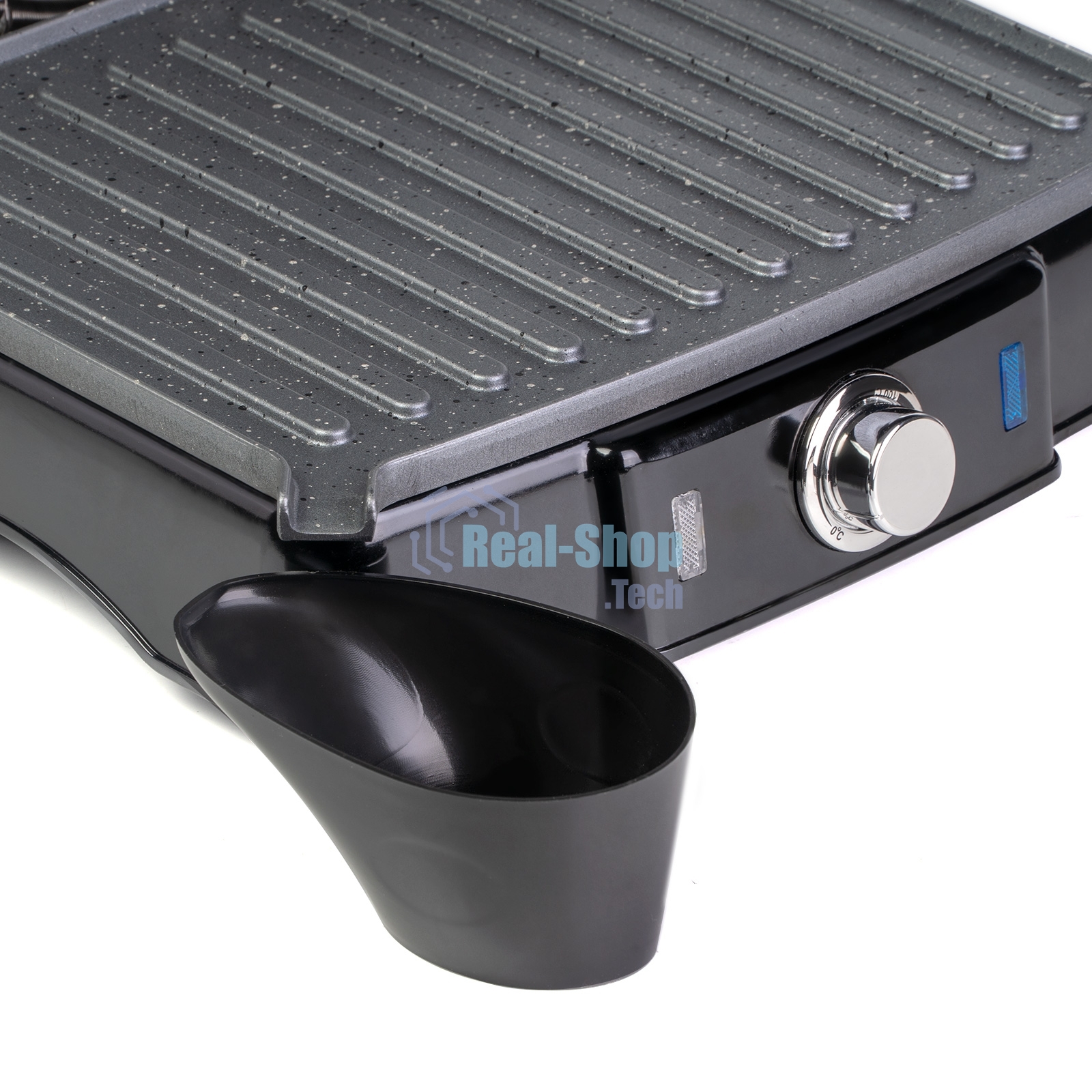 Гриль электрический Galaxy Line GL 2961, черный с серебристым, механическое управление, 2200 Вт, мраморное керамическое покрытие рабочей поверхности, корпус из нержавеющей стали, индикаторы сети и нагрева, регулятор температуры, лопатка и емкости для сбор