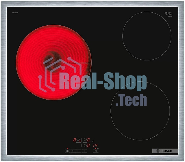 Электрическая варочная панель Bosch PKM645BB2E, стеклокерамическая поверхность, независимая, рамка-сталь, черный 4.8x58.3x51.3