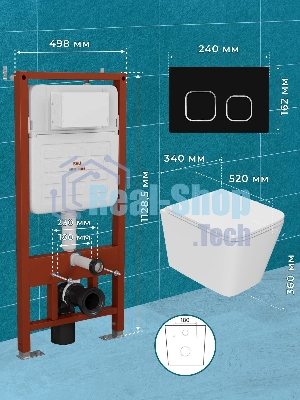 Комплект BAU 6 в 1: усиленная инсталляция BAU IDEAL, унитаз подвесной безободковый торнадо обратного потока Bau Stil 52х36 Hurricane-2, сиденье дюропласт микролифт, клавиша BAU Strike, черная матовая
