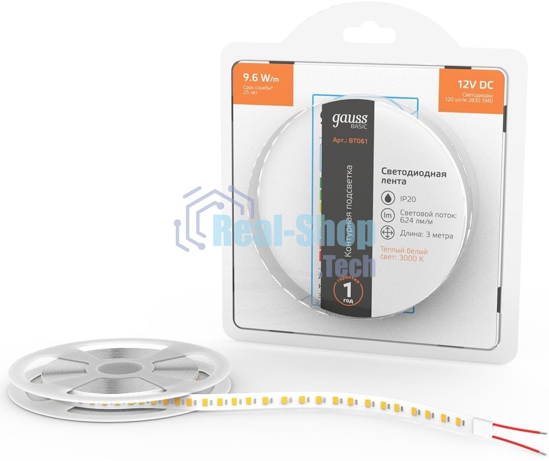 Лента светодиодная Basic Gauss 12V 9,6W/m 624lm/m 3000K IP20 LED 3m 1/100