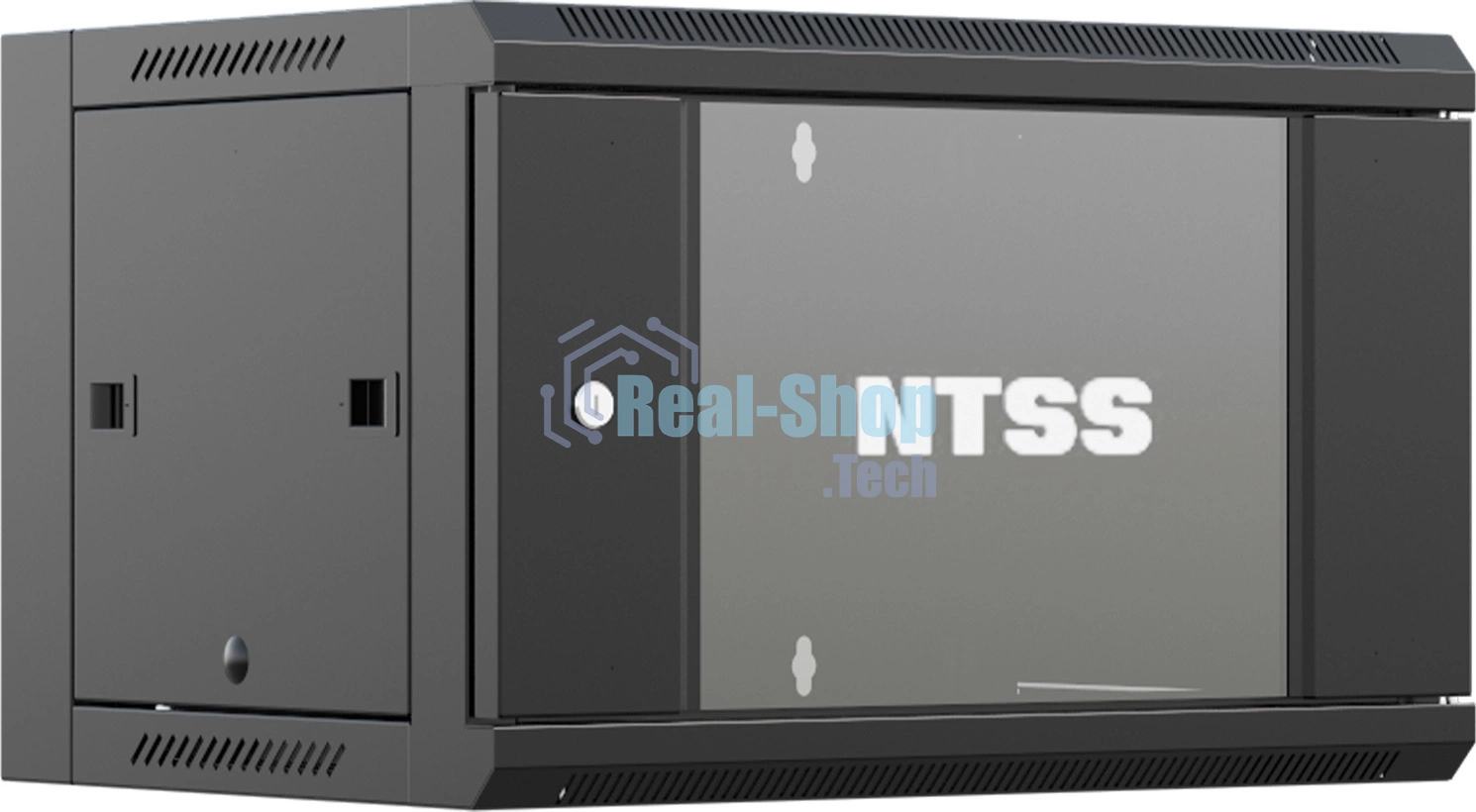 Шкаф коммутационный NTSS NTSS-W6U6045GS-BL настенный 6U 570x450 мм пер. дв. стекл 60 кг черный 350 мм 18 кг 220 град. 370 мм IP20 сталь