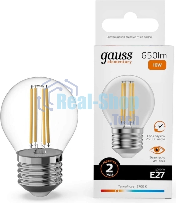 Лампа филам. Gauss Filament 10Вт цок.:E27 шар св.свеч.бел.теп. (упак.:1шт) (52210)