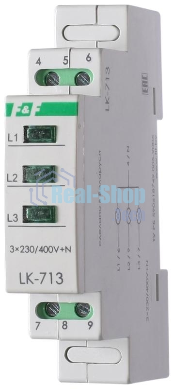Указатель напряжения LK-713 3 зел. светодиода (сигнализация наличия 3ф 35мм 3х400/230+N IP20 монтаж на DIN-рейке) F&F EA04.007.002