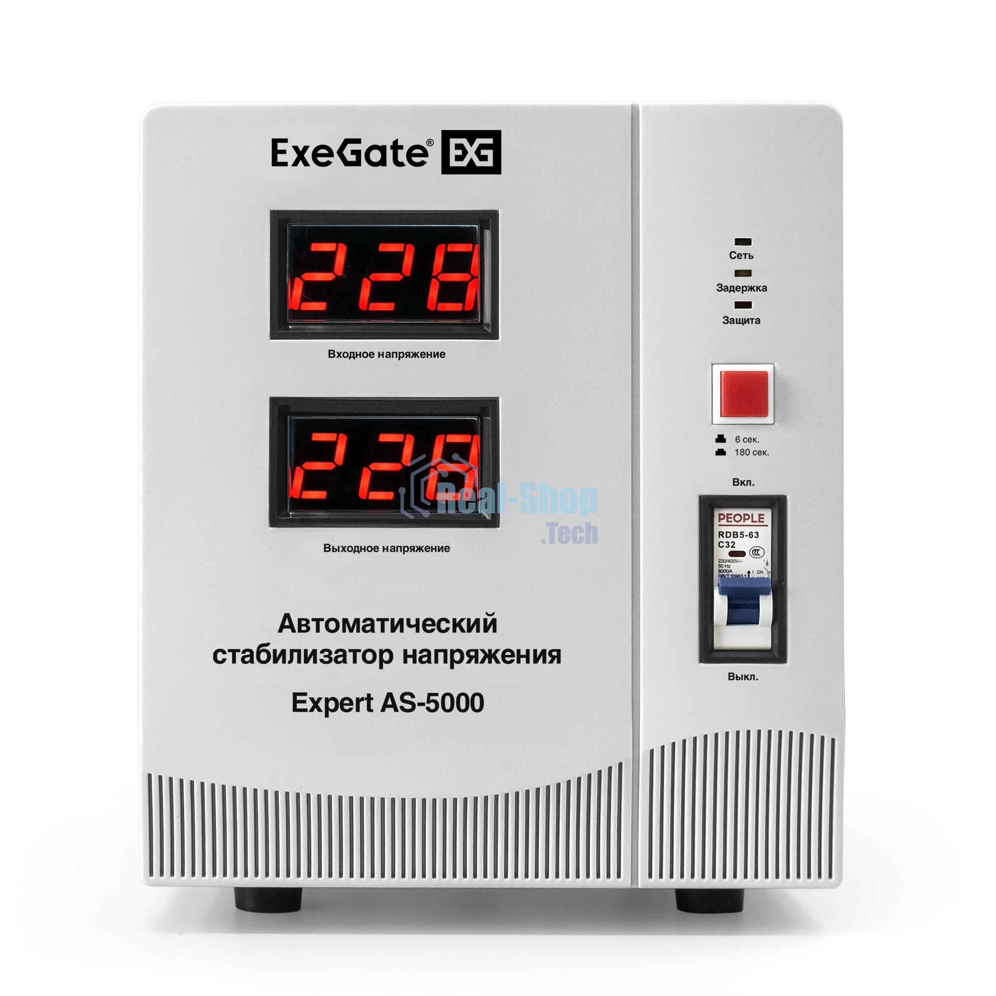 Стабилизатор напряжения ExeGate Expert AS-5000 (5000ВА, вход 140...260В, двойная цифр. индикация вход/вых. напряжения, выход 220В±8%, КПД 98%, 5 уровней защиты, метал. корпус, клем.колодка, RTL)