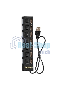 USB-концентратор ExeGate EX293978RUS DUB-72SW (кабель-адаптер USB2.0 --> 7xUSB2.0, кнопки включения/отключения для каждого порта, Plug&Play, черный)