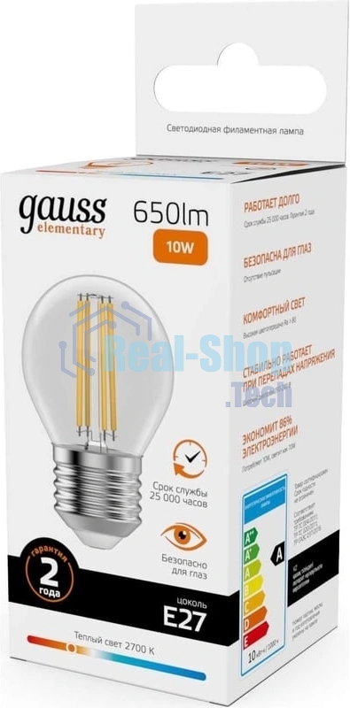 Лампа филам. Gauss Filament 10Вт цок.:E27 шар св.свеч.бел.теп. (упак.:1шт) (52210)