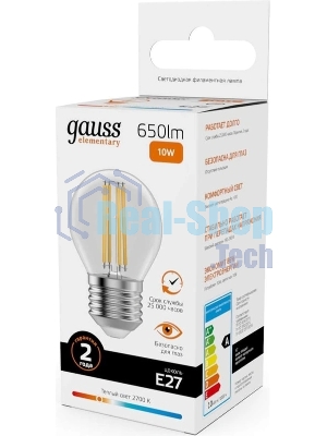 Лампа филам. Gauss Filament 10Вт цок.:E27 шар св.свеч.бел.теп. (упак.:1шт) (52210)