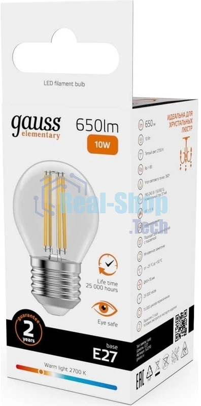 Лампа филам. Gauss Filament 10Вт цок.:E27 шар св.свеч.бел.теп. (упак.:1шт) (52210)