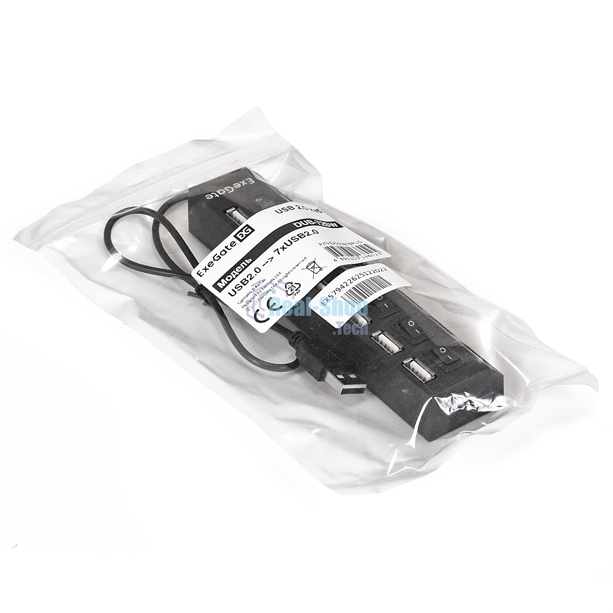 USB-концентратор ExeGate EX293978RUS DUB-72SW (кабель-адаптер USB2.0 --> 7xUSB2.0, кнопки включения/отключения для каждого порта, Plug&Play, черный)