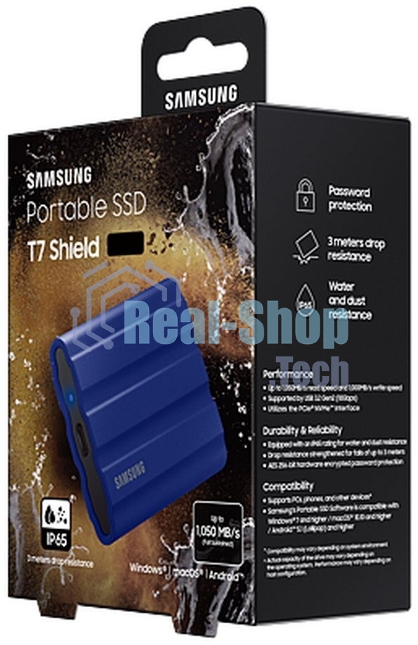 Внешний SSD Samsung T7 Shield, 1TB, USB 3.2 Gen 2 Type-C, R/W 1050/1000, синий