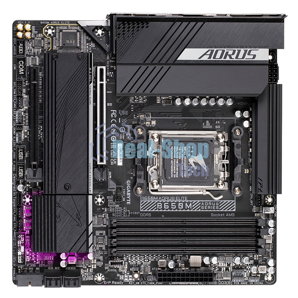 Материнская плата Gigabyte B650M AORUS ELITE, Socket AM5, AMD B650, 4xDDR5, 4xSATA, 2xM.2, 1xPCI-E 4.0 x16, 1xPCI-E 4.0 x4, 1xHDMI, 1xDP, 1x 2.5Gb LAN, 5xUSB-A 3.2 Gen 1, 2xUSB-A 3.2 Gen 2, 4xUSB-A 2.0, 1xUSB-C 3.2 Gen 2, 2x3.5 мм, 7.1, Micro-ATX