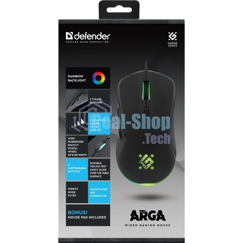 Мышь проводная Defender Arga GM-049 черный, 3600 dpi, USB, кнопки - 6