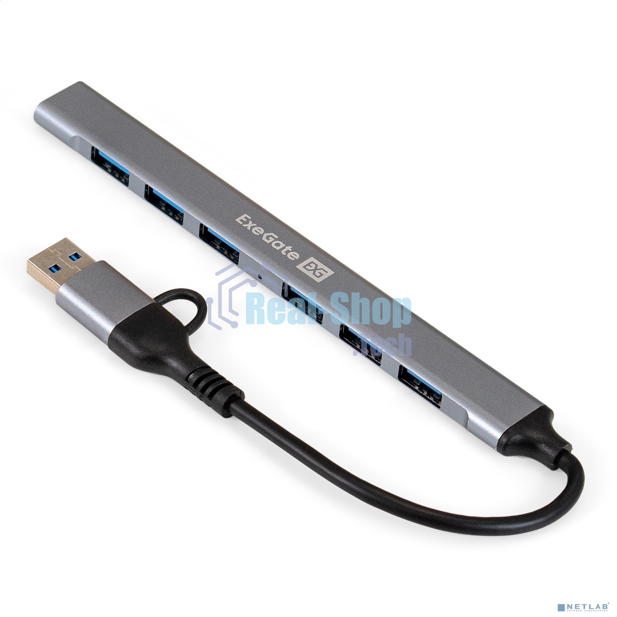 USB-концентратор 7-в-1 ExeGate DUB-761C3 (кабель-адаптер USB Type-A + Type-C --> 6xUSB2.0, 1xUSB3.0, Plug&Play, серебристый)
