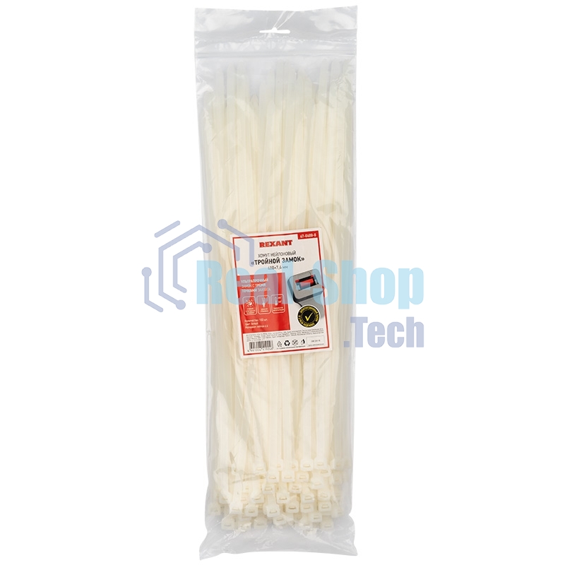 Хомут-стяжкa нейлоновая с тройным замком Rexant 400x7,6 мм, белая, упаковка 100 шт.