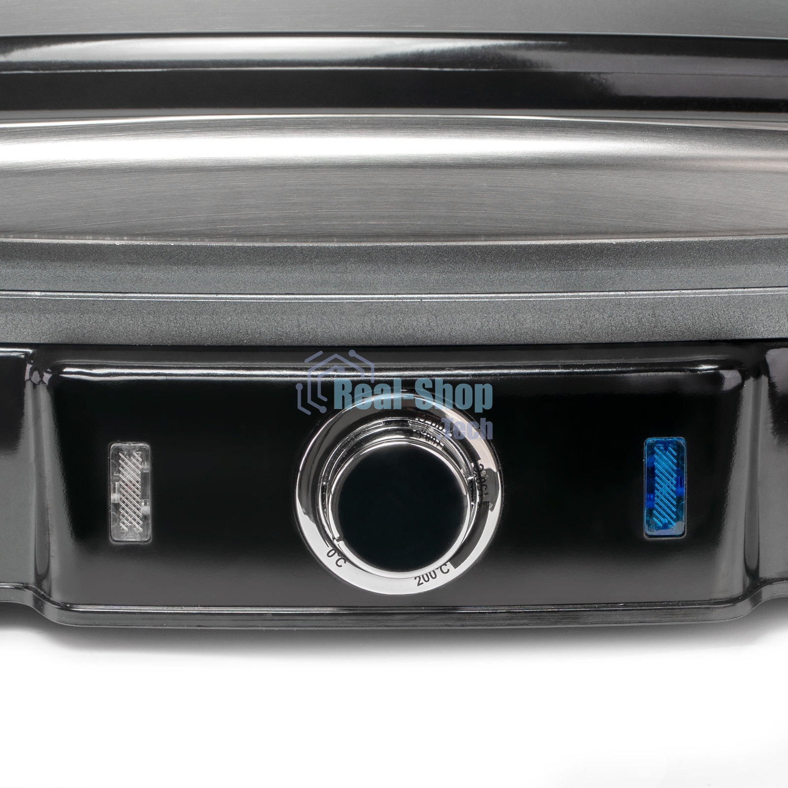 Гриль электрический Galaxy Line GL 2961, черный с серебристым, механическое управление, 2200 Вт, мраморное керамическое покрытие рабочей поверхности, корпус из нержавеющей стали, индикаторы сети и нагрева, регулятор температуры, лопатка и емкости для сбор