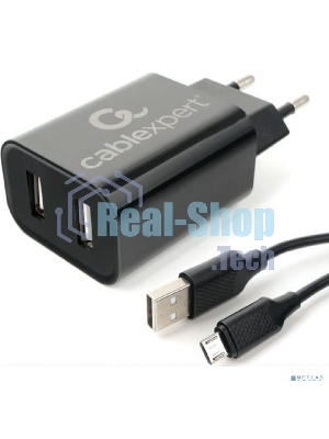 Сетевое зарядное устройство Cablexpert MP3A-PC-35 USB 2 порта, 2.4A, черный + кабель 1м micro