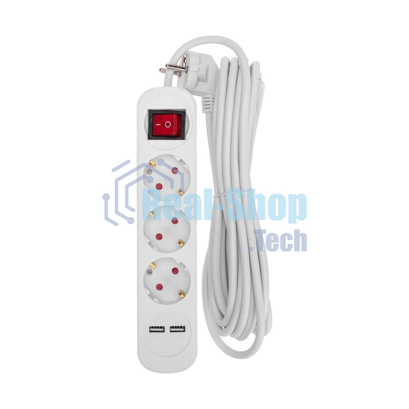 Удлинитель Rexant STANDARD 3 гнезда, 5 м, 3х1,0 мм², с/з, с выключателем, 2 USB, белый