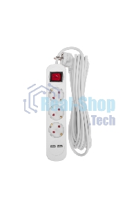 Удлинитель Rexant STANDARD 3 гнезда, 5 м, 3х1,0 мм², с/з, с выключателем, 2 USB, белый