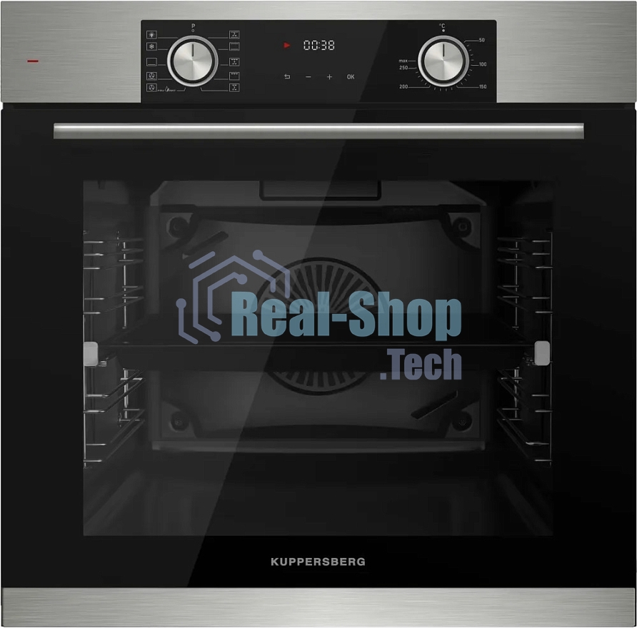 Встраиваемый духовой шкаф Kuppersberg HF 610 BX 60 см, 80 л, 10 режимов, эмаль легкой очистки, поворотные переключатели, телескопические направляющие на 1 уровне, черный - нержавеющая сталь