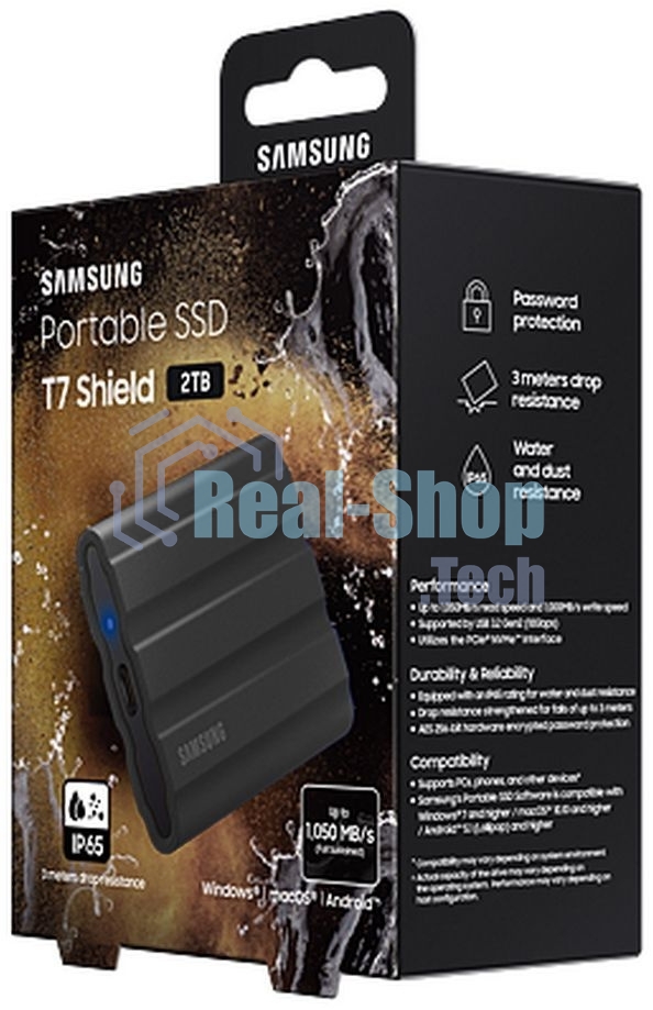 Внешний SSD Samsung T7 Shield, 2TB, USB 3.2 Gen 2 Type-C, R/W 1050/1000, черный
