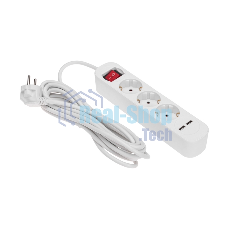 Удлинитель Rexant STANDARD 3 гнезда, 5 м, 3х1,0 мм², с/з, с выключателем, 2 USB, белый