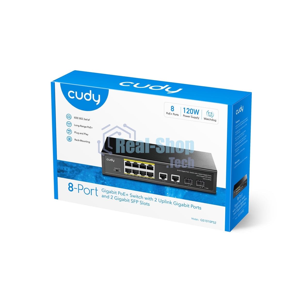 Коммутатор Cudy GS1010PS2, (L2) 10x1Gbит/с 2xКомбо(1000BASE-T/SFP) 2SFP 8PoE 120W, неуправляемый