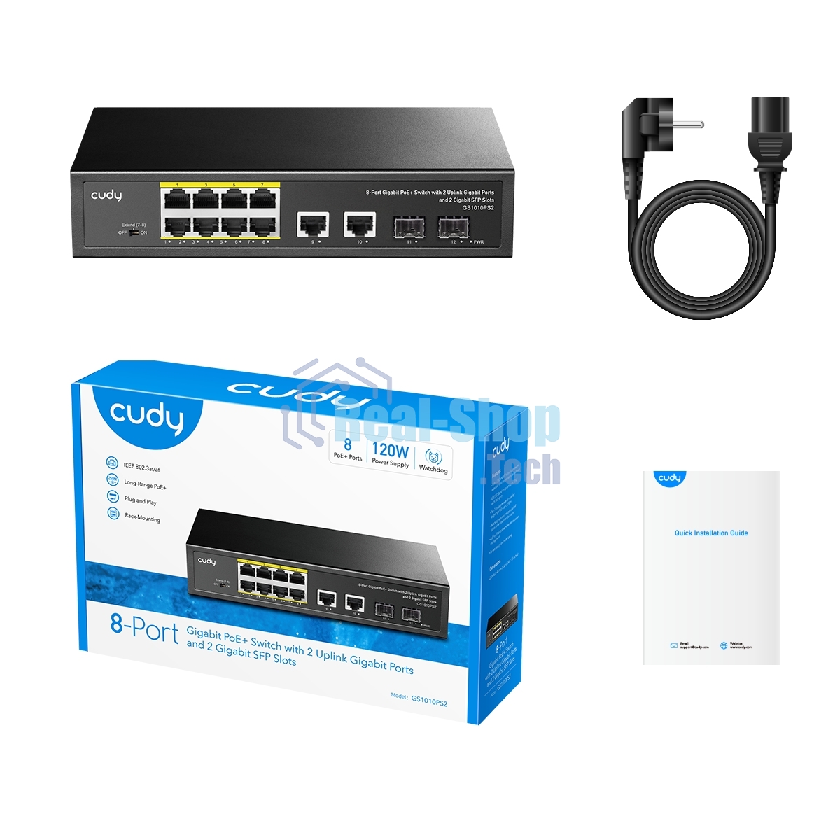 Коммутатор Cudy GS1010PS2, (L2) 10x1Gbит/с 2xКомбо(1000BASE-T/SFP) 2SFP 8PoE 120W, неуправляемый