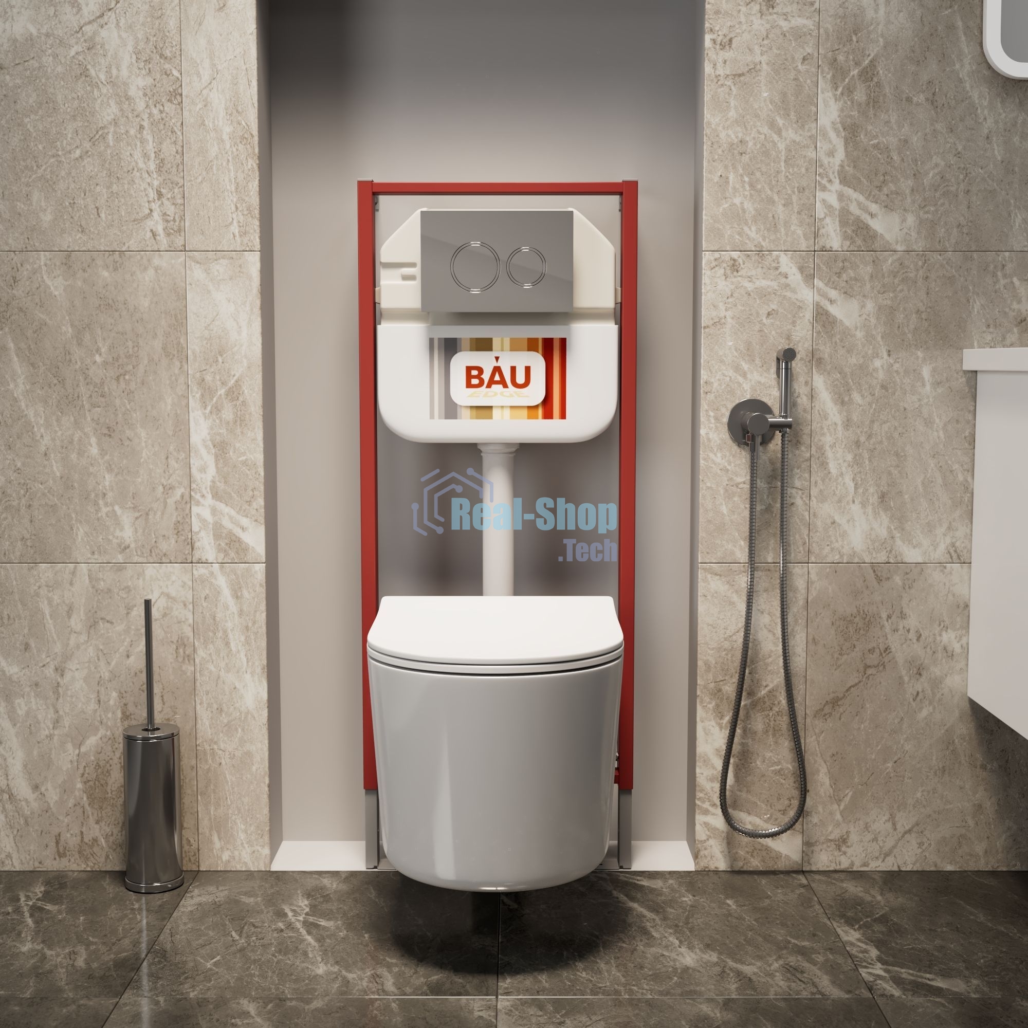 Комплект BAU 6 в 1: рамная инсталляция BAU NEO 45, унитаз подвесной безободковый Bau Hotel PRO, быстросъемное сиденье микролифт, круглая хромированная клавиша Aquanika