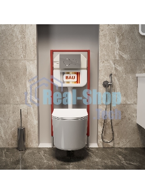 Комплект BAU 6 в 1: рамная инсталляция BAU NEO 45, унитаз подвесной безободковый Bau Hotel PRO, быстросъемное сиденье микролифт, круглая хромированная клавиша Aquanika