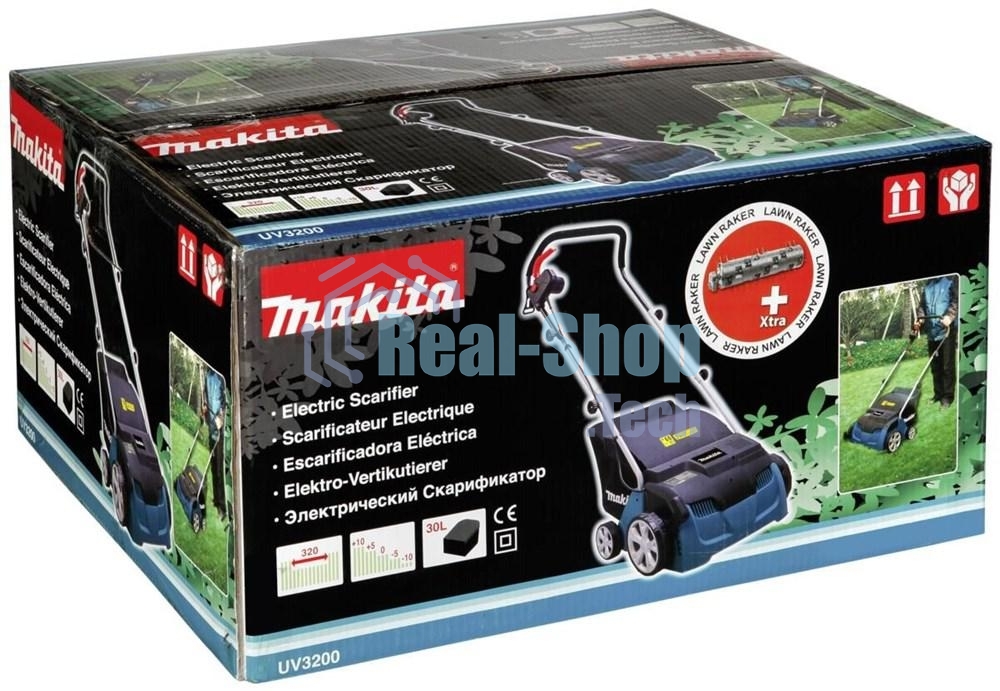 Газонокосилки Makita UV3200 Скарификатор, 1300Вт,32см,3500об\мин,5уров(-10+10мм),30л,нож-фреза,12кг,кор
