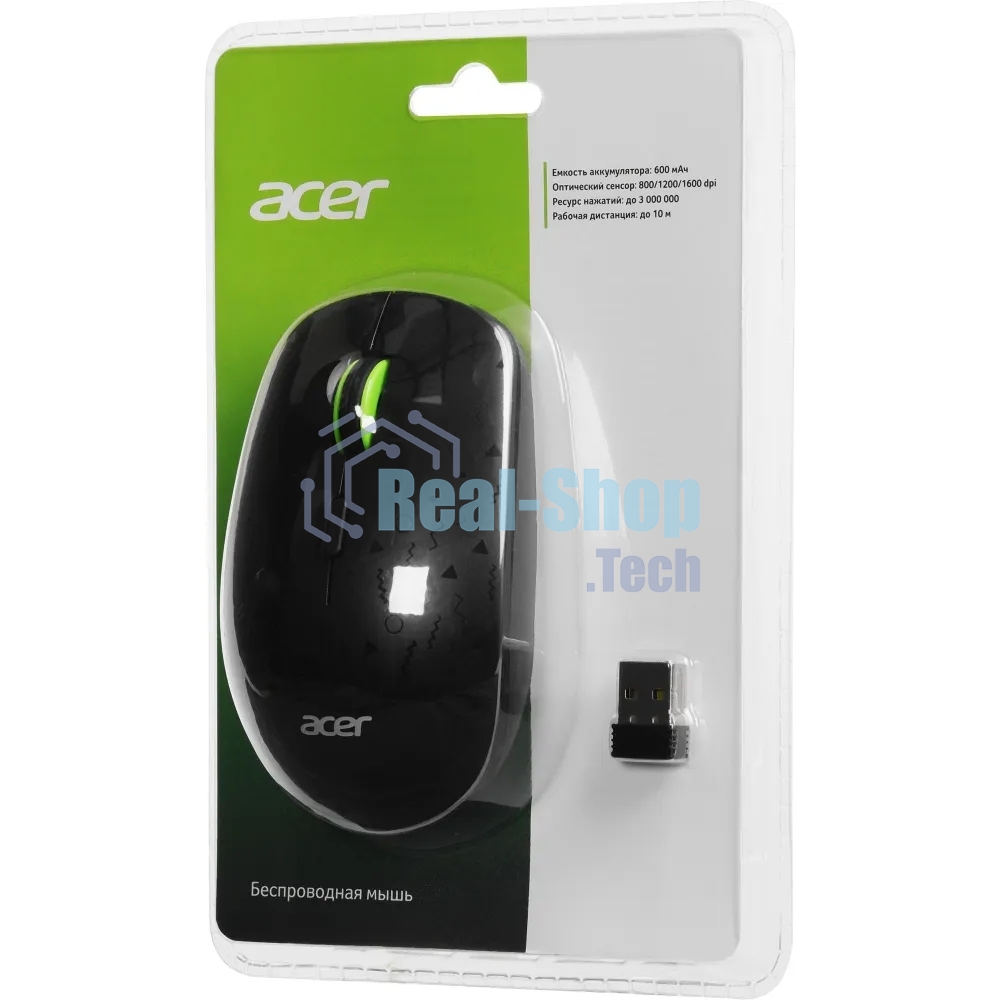 Мышь беспроводная Acer OMR307 черный, 1600 dpi, радиоканал, USB, кнопки - 4