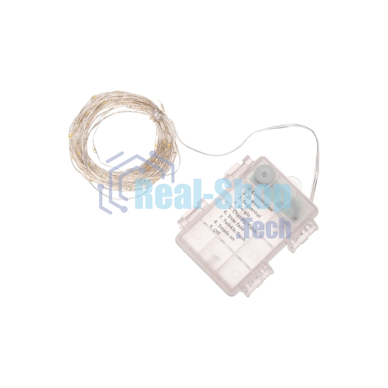 Гирлянда Neon-night Роса 10м, 100 LED, теплый белый, IP44, на батарейках 3хАА, с пультом 8 режимов