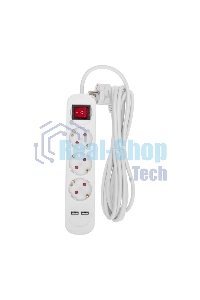 Удлинитель Rexant STANDARD 3 гнезда, 3 м, 3х1,0 мм², с/з, с выключателем, 2 USB, белый