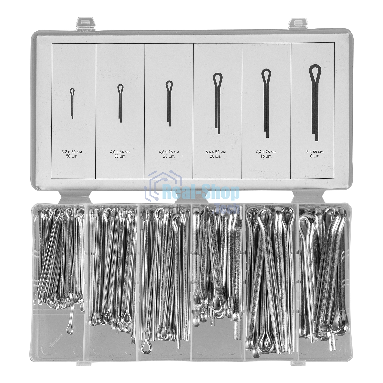 Набор шплинтов Сибртех, S головки х L: 3,2x50, 4x64, 4,8x76, 6,4x50, 6,4x76, 8x64 мм, 144 предметов