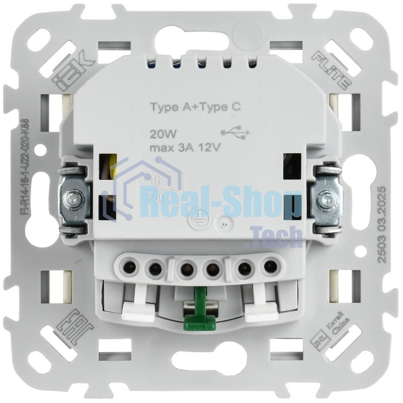 FLITE Розетка с заземлением со шторками 16А с USB A+C 20Вт быстрозажимные клеммы РСЮшс11-1-ФлЛ льняной | FI-R14-16-1-U22-020-K88 | IEK