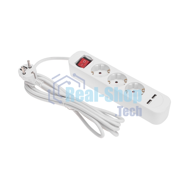 Удлинитель Rexant STANDARD 3 гнезда, 3 м, 3х1,0 мм², с/з, с выключателем, 2 USB, белый