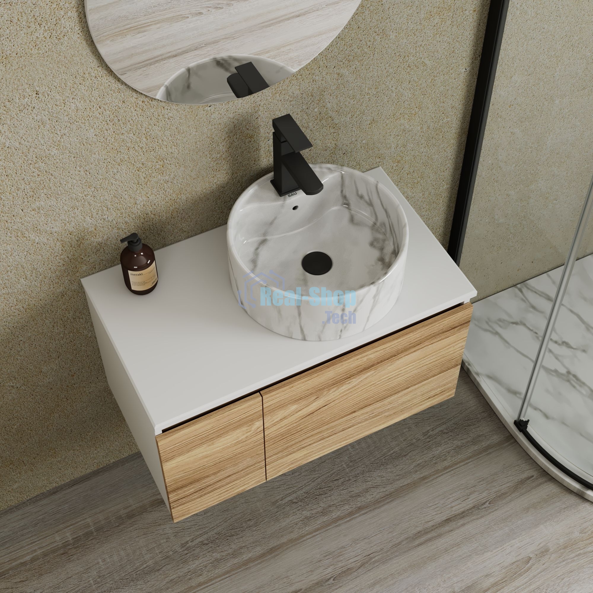 Комплект: тумба Bau Dream Blackwood 80, Раковина круглая накладная BAU Element D41, мрамор, смеситель Hotel Black, черный матовый, выпуск клик клак черный